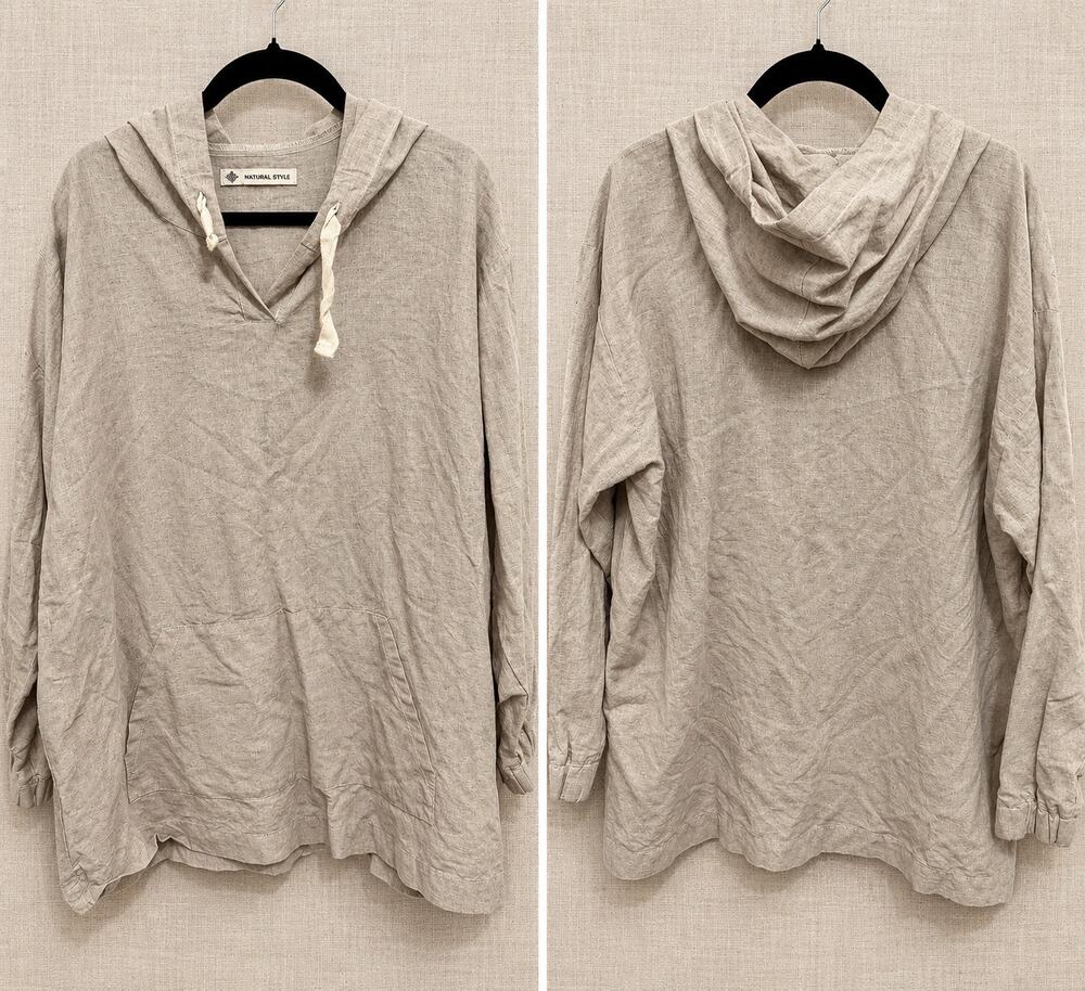 Natural Style Estonia Linen Cotton Hoodie XL Beige Tan Pullover Boho Minimalist